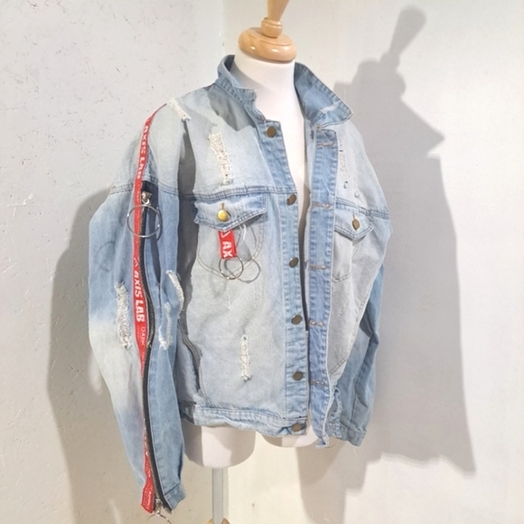 se7en Jackets & Blazers - Se7en| Boyfriend Jeans Jacket Oversized Destroyed Zipper Color Gradient Cracks